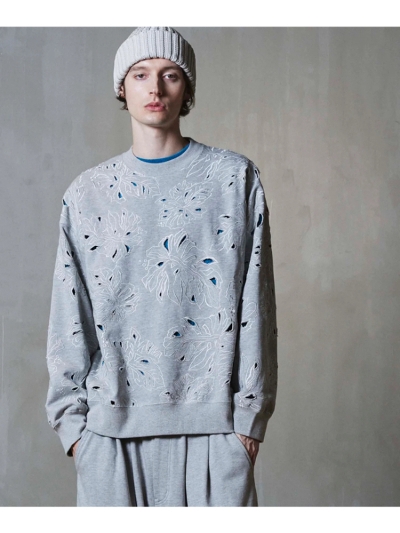 MAISON SPECIALi]XyV)11232411305   Leaf Cutwork Embroidery Crew Neck Sweat Pullover