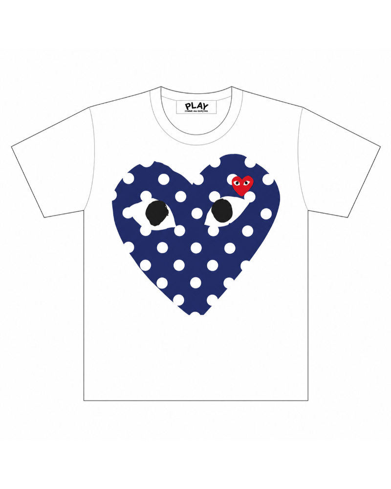PLAY Comme des Garçons�i�v���C �R���f�M�����\���jAX-T234-051 Printed Navy Polka Dot Heart T-Shirt With Red Emblem